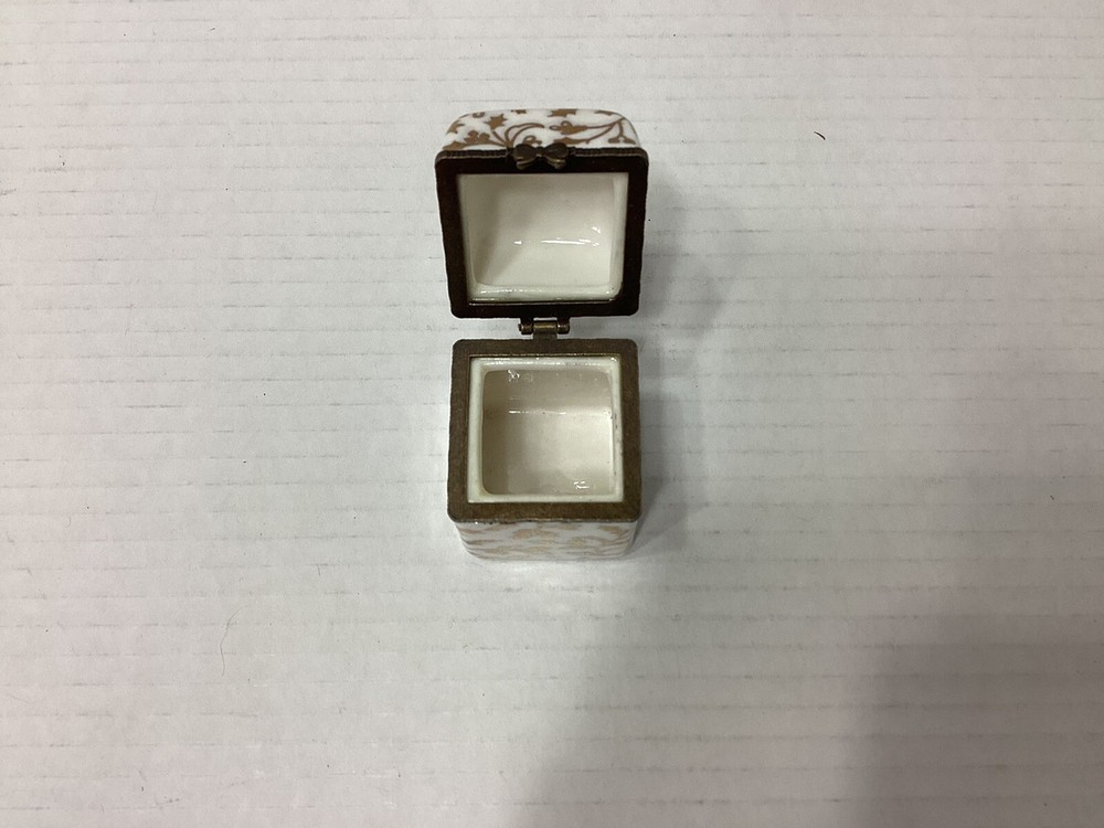 White Ceramic Rectangular Trinket Box Gold Vine Design