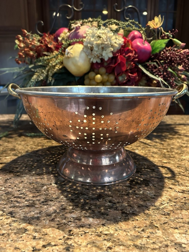 Vintage Large Footed Copper Colander Brass Handles 12"