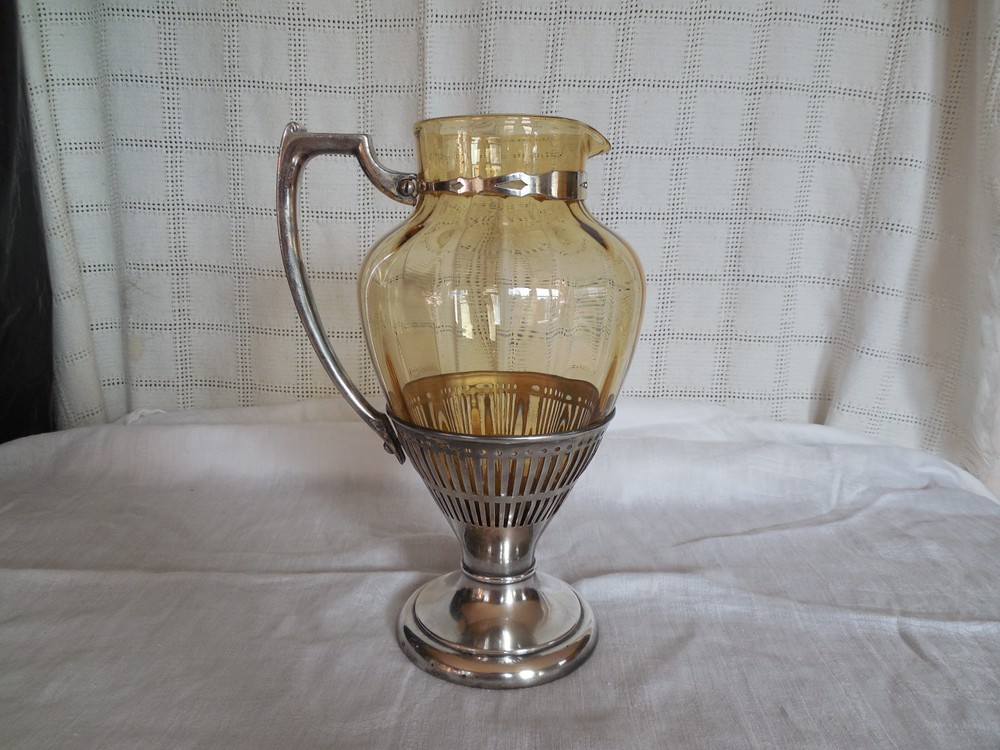Cresent silver triple plate silver & amber glass pitcher. Lovely!