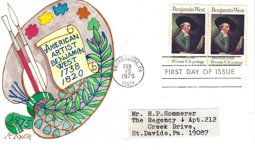 DYER, Scott 1553, 10c Benjamin West, Hand Painted FDC