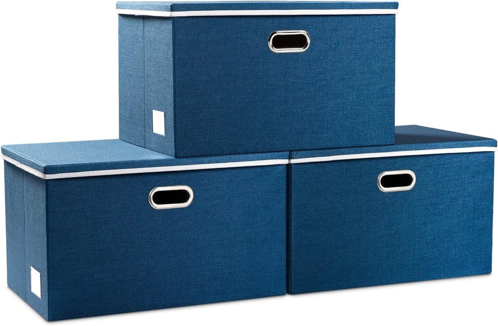 Large Foldable Storage Bins W/ Lids [3-Pack] linenFabric Decorative Storage