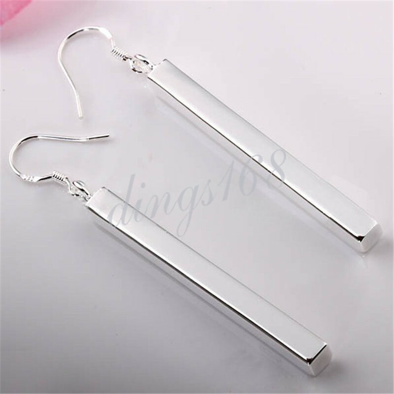 Solid 925 Sterling Silver Stunning Long Vertical Bar Shaped Dangle Earrings H100