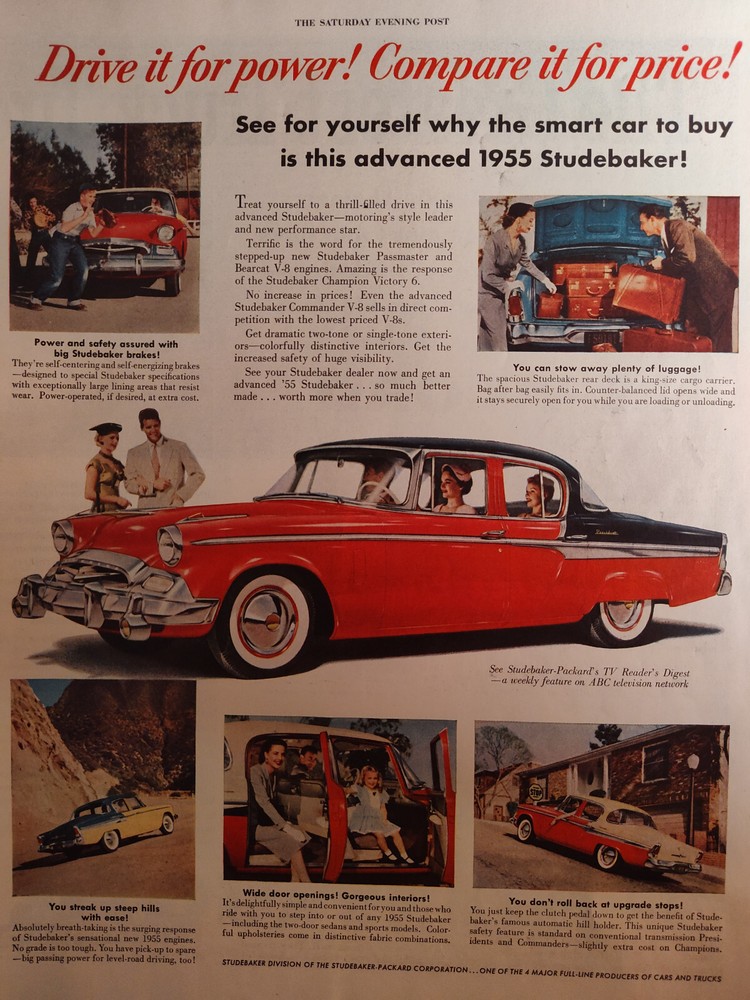 1955 Saturday Evening Post Advertisement STUDEBAKER Packard Drive it for Power!