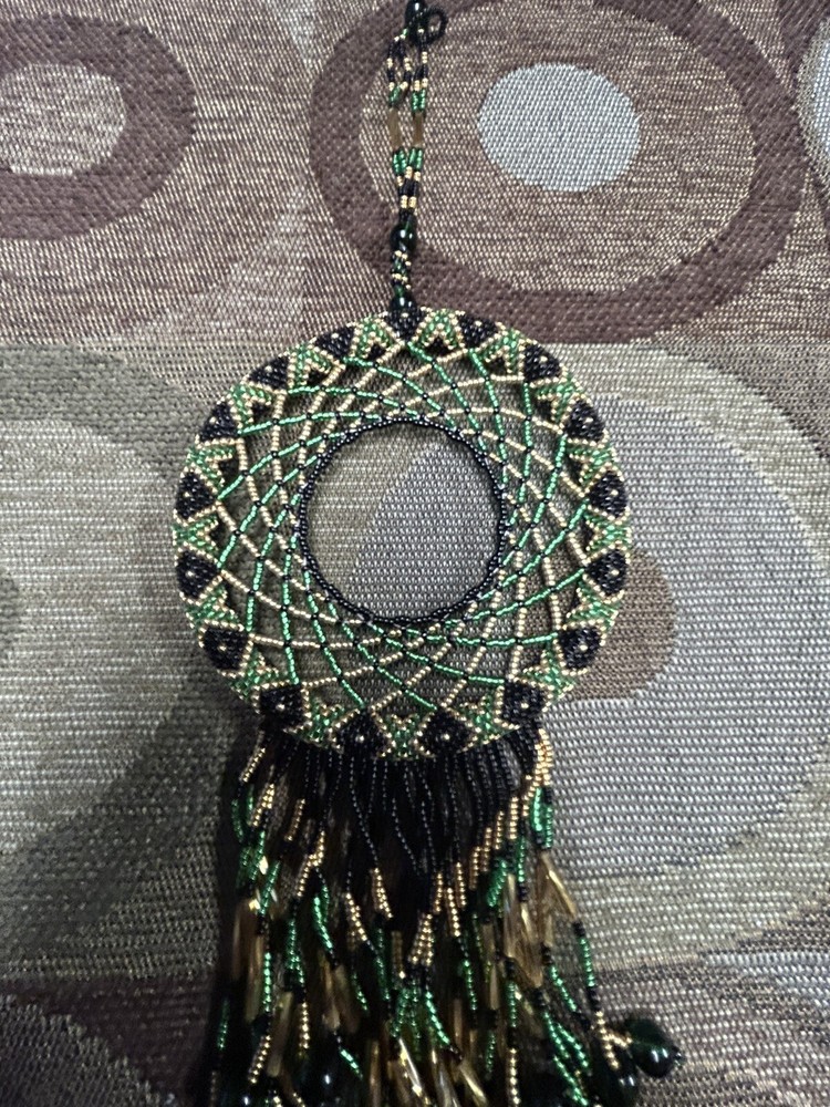 Hand Beaded Dream Catcher ( Gold, Black, & Green)
