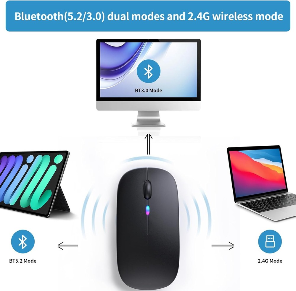 Wireless Bluetooth Mouse, Rechargeable, LED, Silent, Ultra-thin Design Portable