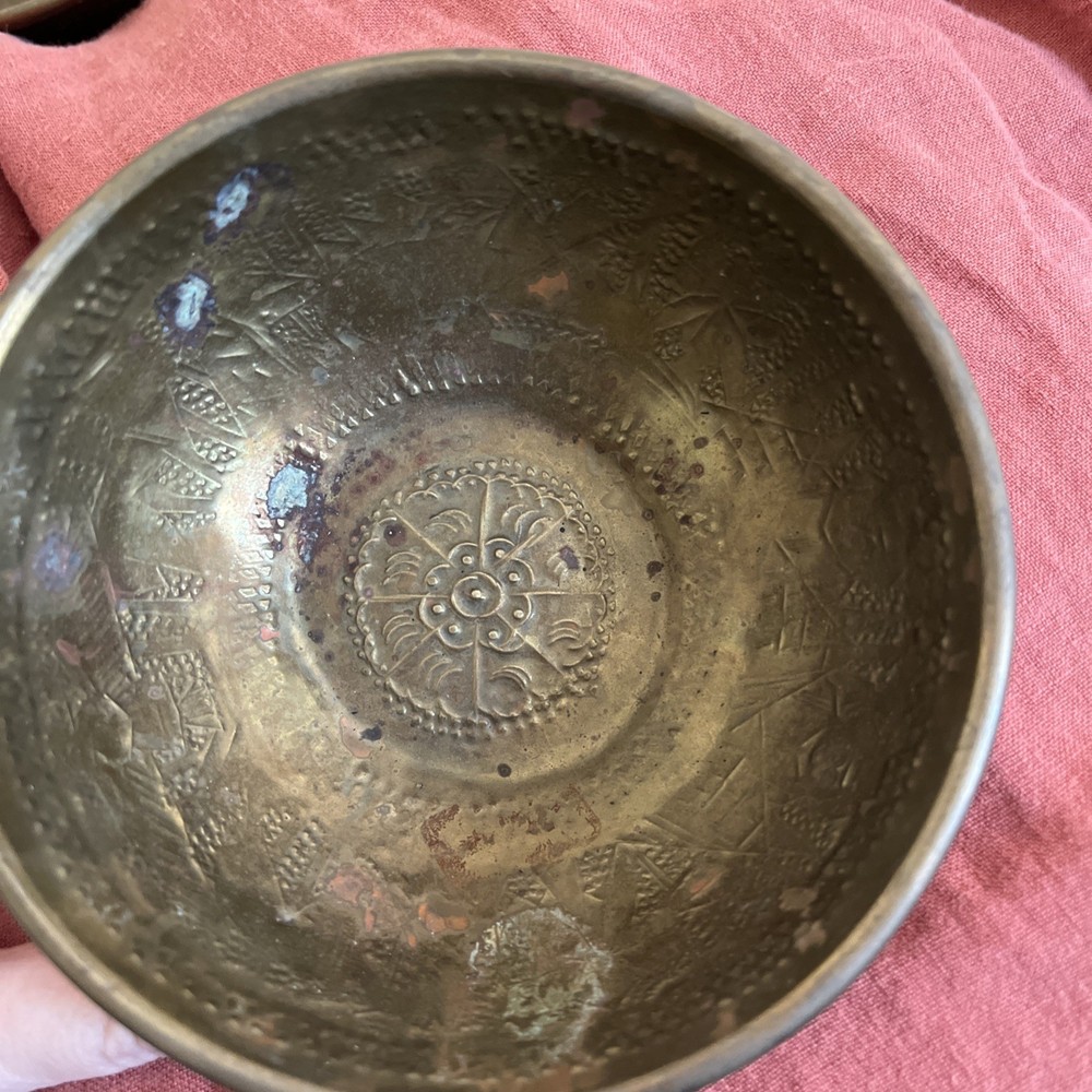 Vintage Middle Eastern Hammered Tin Bronze Bowls - pair