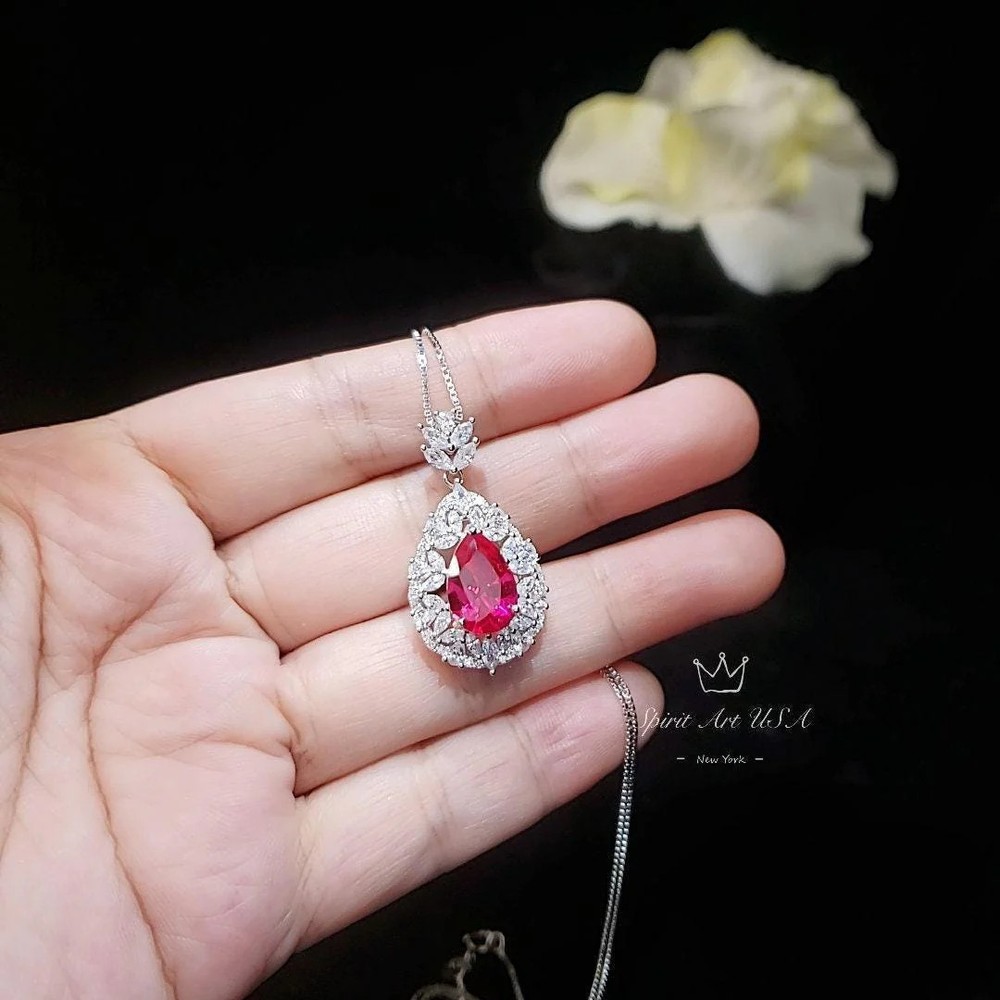 Large Teardrop Ruby Necklace - 3 CT Red Ruby Pendant - Gemstone Petal Flower -