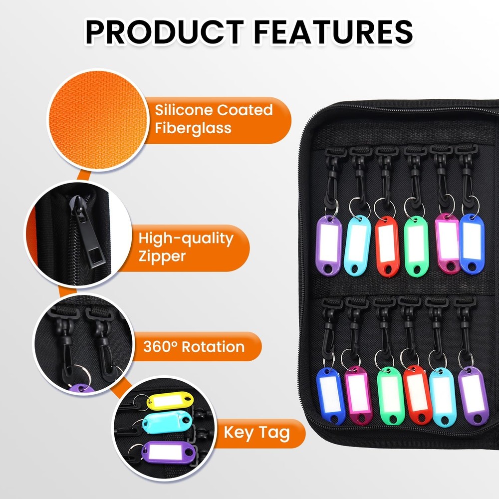 Zippered Key Case Organizer Fireproof Waterproof Binder 24 Hooks Tags