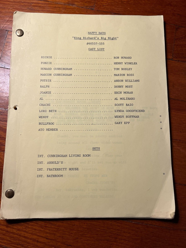 Happy Days 'King Richard's Night' Original TV Show Script 1979