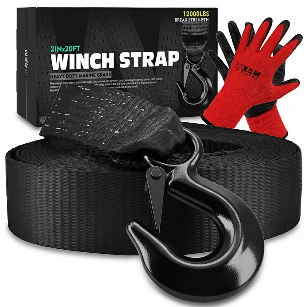 Heavy Duty Boat Trailer Winch Strap with Safety Hook & Protective Work Gloves...