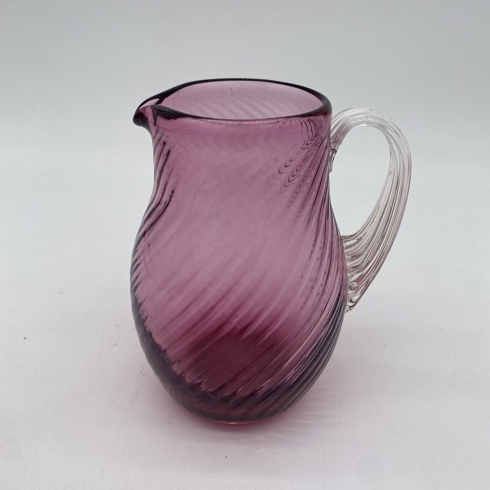 Cranberry Swirl Glass Small Pitcher Applied Clear Handle