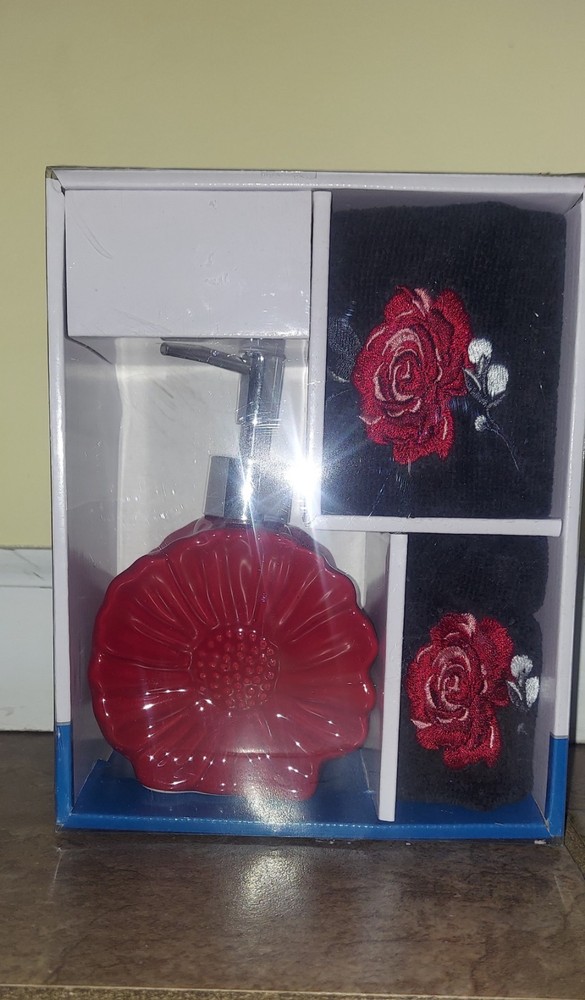 Interiors by Design Red Floral 3PC Bath Accessory Set
