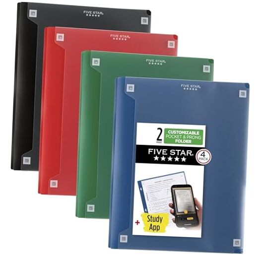 2-Pocket Folder + Study App, 4 Pack, Plastic Folder with Prong Classic Colors