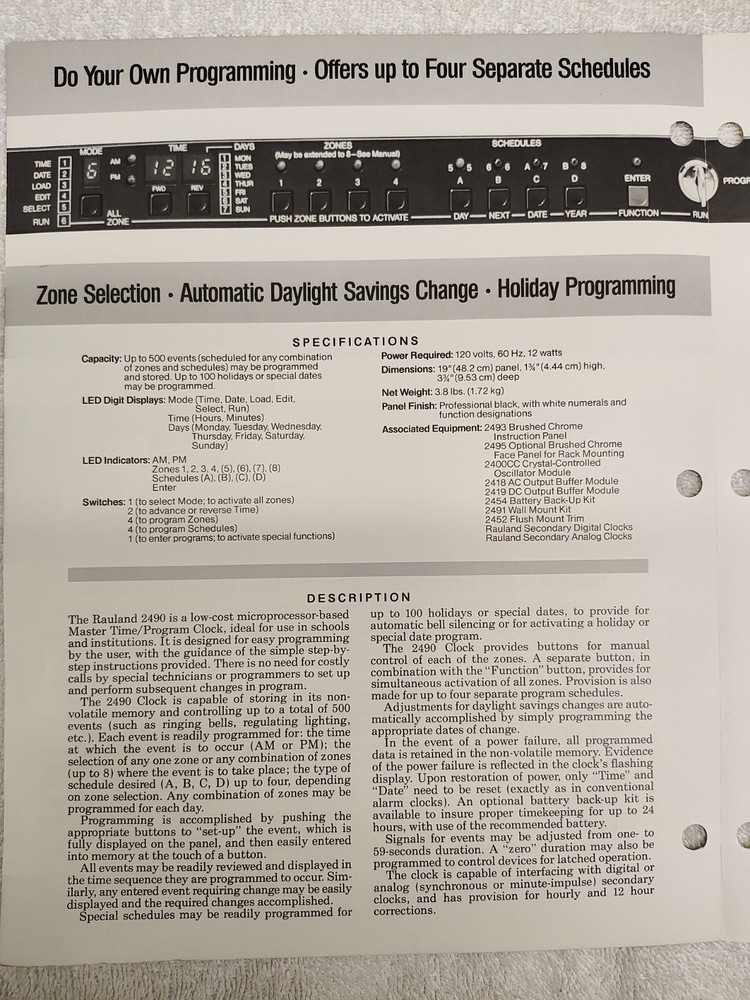 Rauland 2490 Master Clock-Event Programmer Scheduler