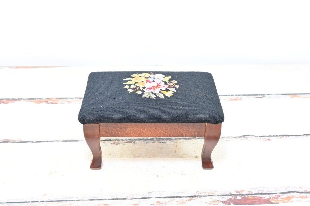 Vintage Floral Needlepoint Footstool Wool Rectangular Victorian Flowers 14.5x9.5