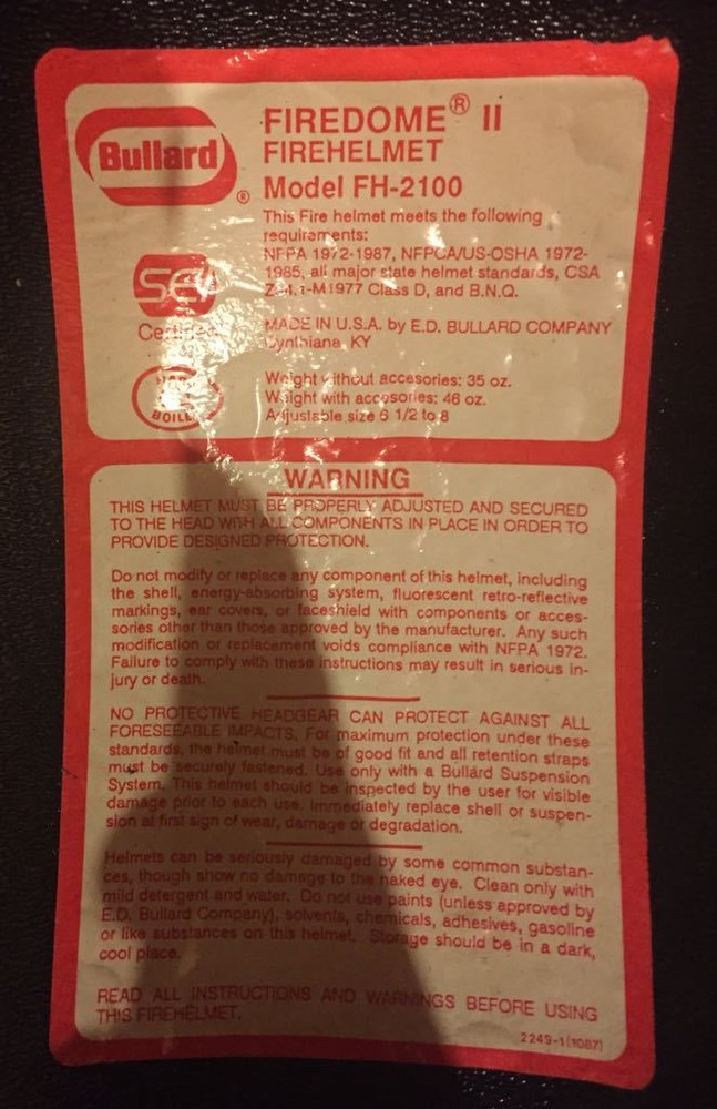 Bullard Firedome II firehelmet model FH-2100 - Inner shell