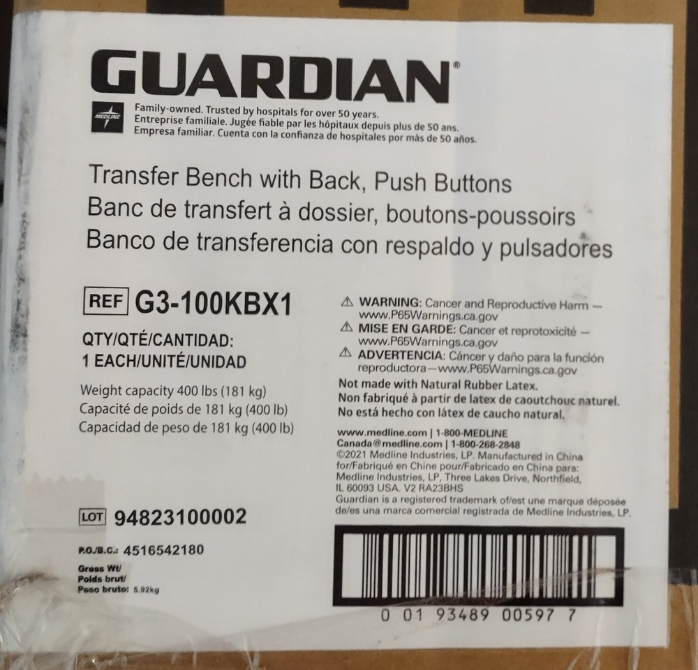 Medline Guardian Transfer Bench With Adjustable Back- New Opened Box See Desc
