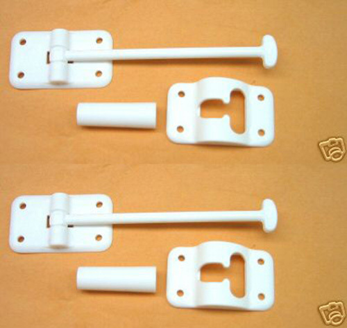 RV Camper Door Catch Latch Holders T-Style with Door Stops, White - Pack of 2