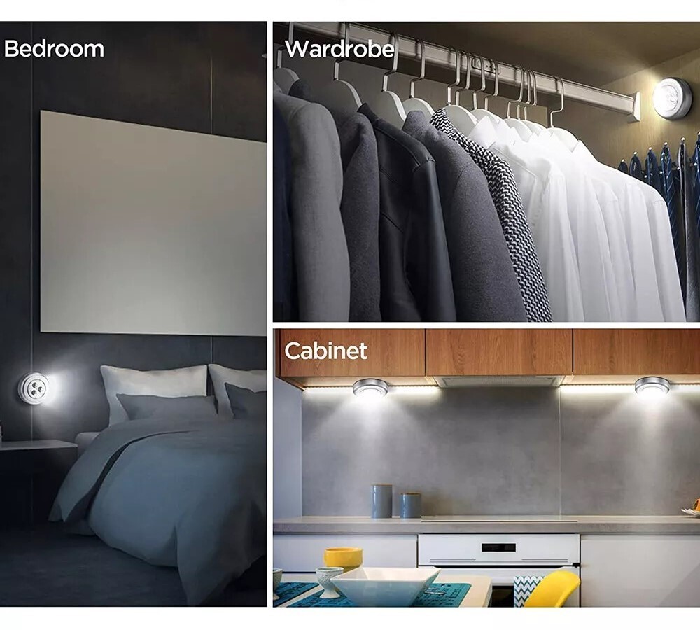 Battery Mini 3 LED Push On Off Light Utility Cabinet Closet Lighting Silver