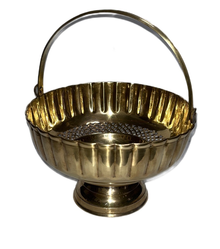 Brass Basket W/Handle Pedestal Reticulated 7” Diameter X 4.5” Solid Brass
