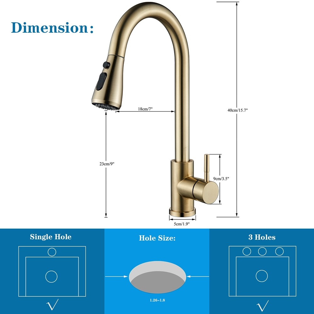 Kitchen Sink Faucet Pull Down Sprayer Brushed Gold Single Handle Mixer Tap&Cover