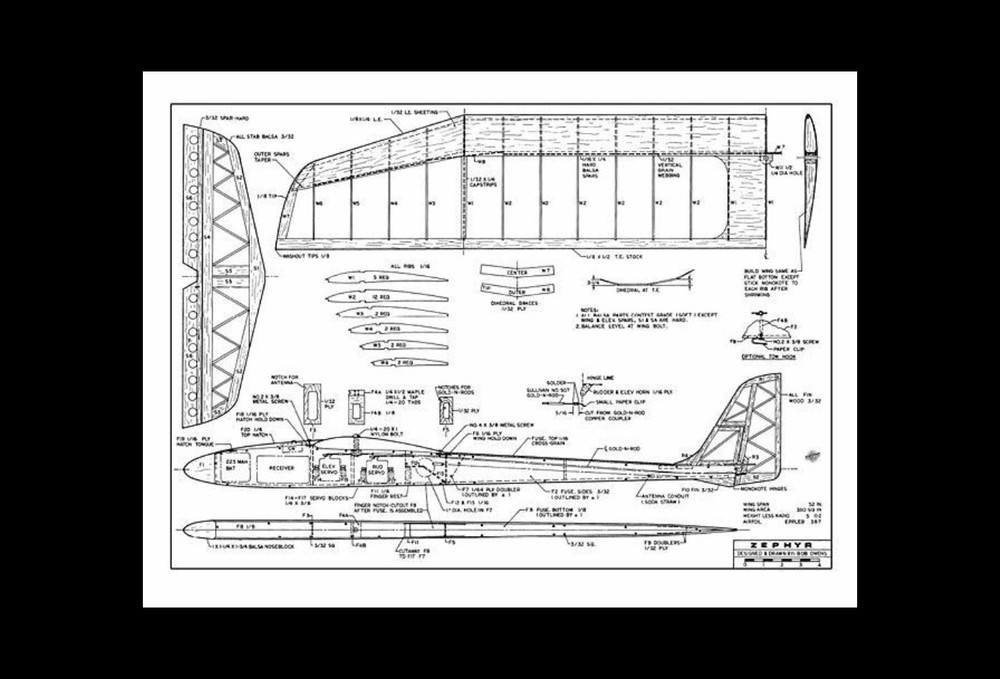 Printed RC plans & Patterns Hand Launch ZEPHYR SAILPLANE Span 52"