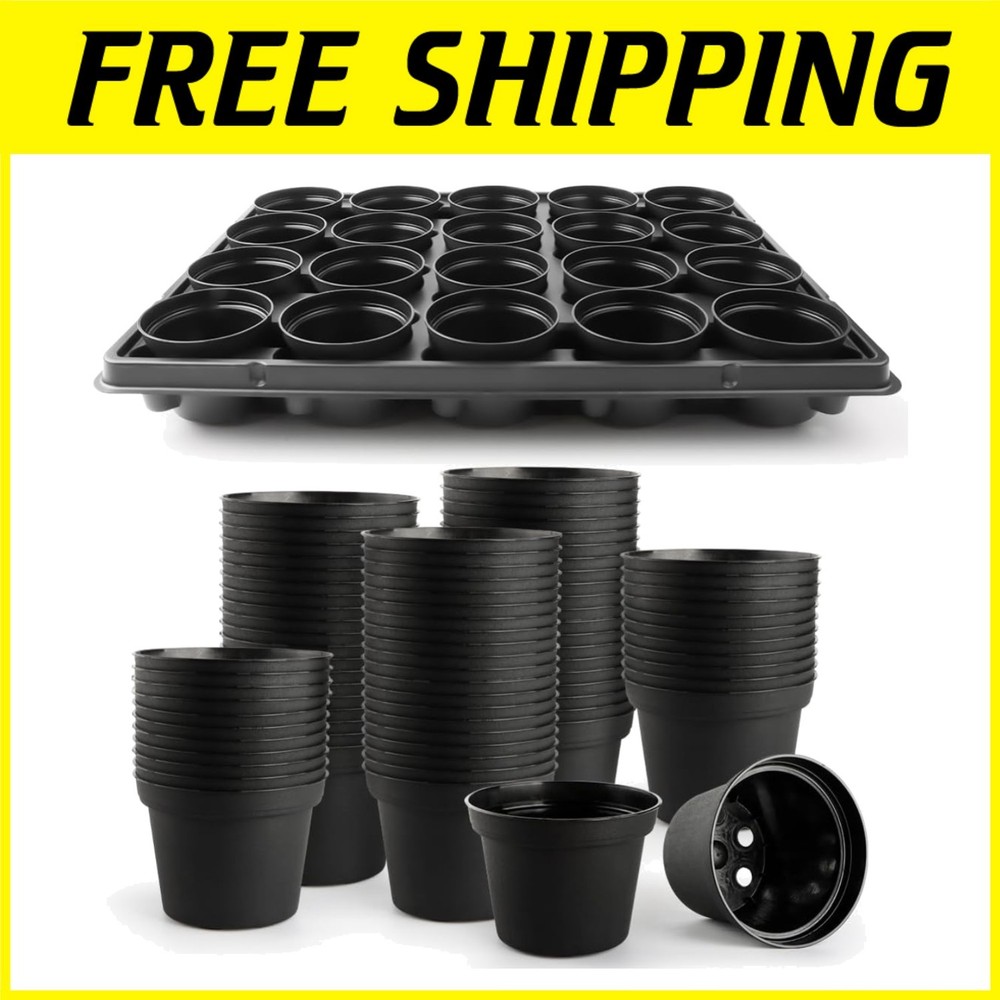 Durable 3" Plastic Plant Pots 100 Pcs + 5 Seed Starter Trays
