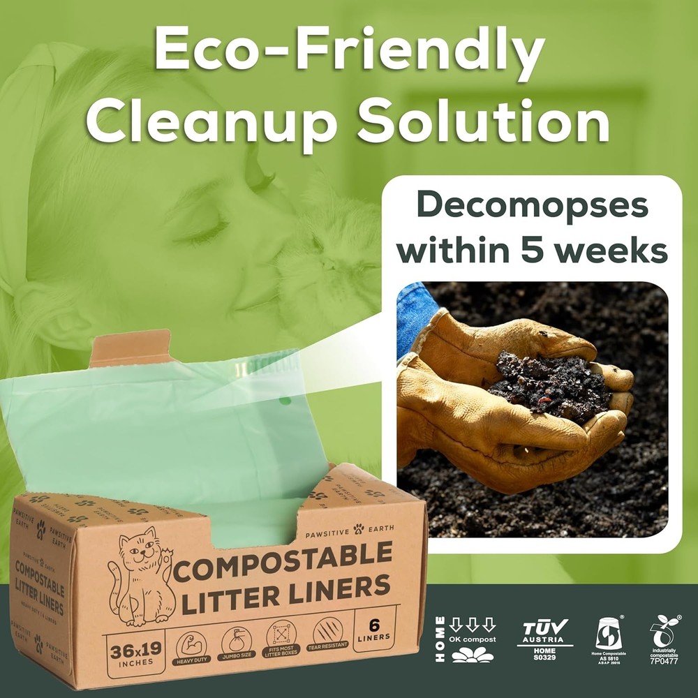 Cat Litter Box Liners Compostable Drawstring Jumbo 6 Count Biodegradable