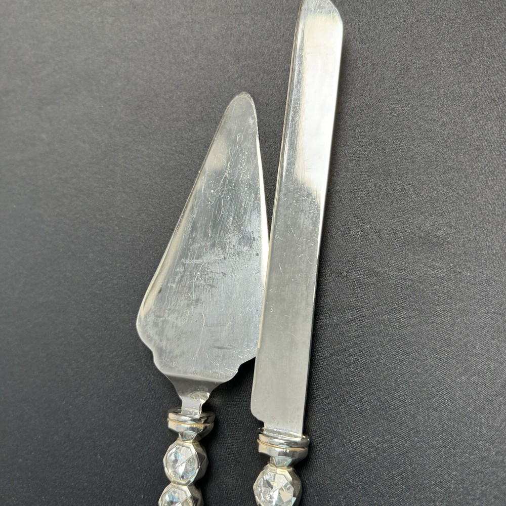 Wedding Reception Cake Knife Server Set Faceted Crystal & Silverplate Stainless