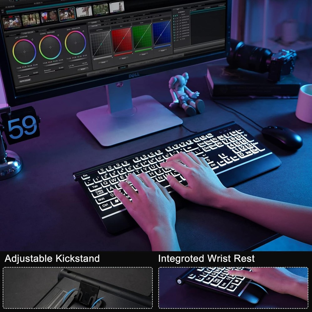 Large Print Backlit Computer Keyboard, USB Full Size Wired large print, black