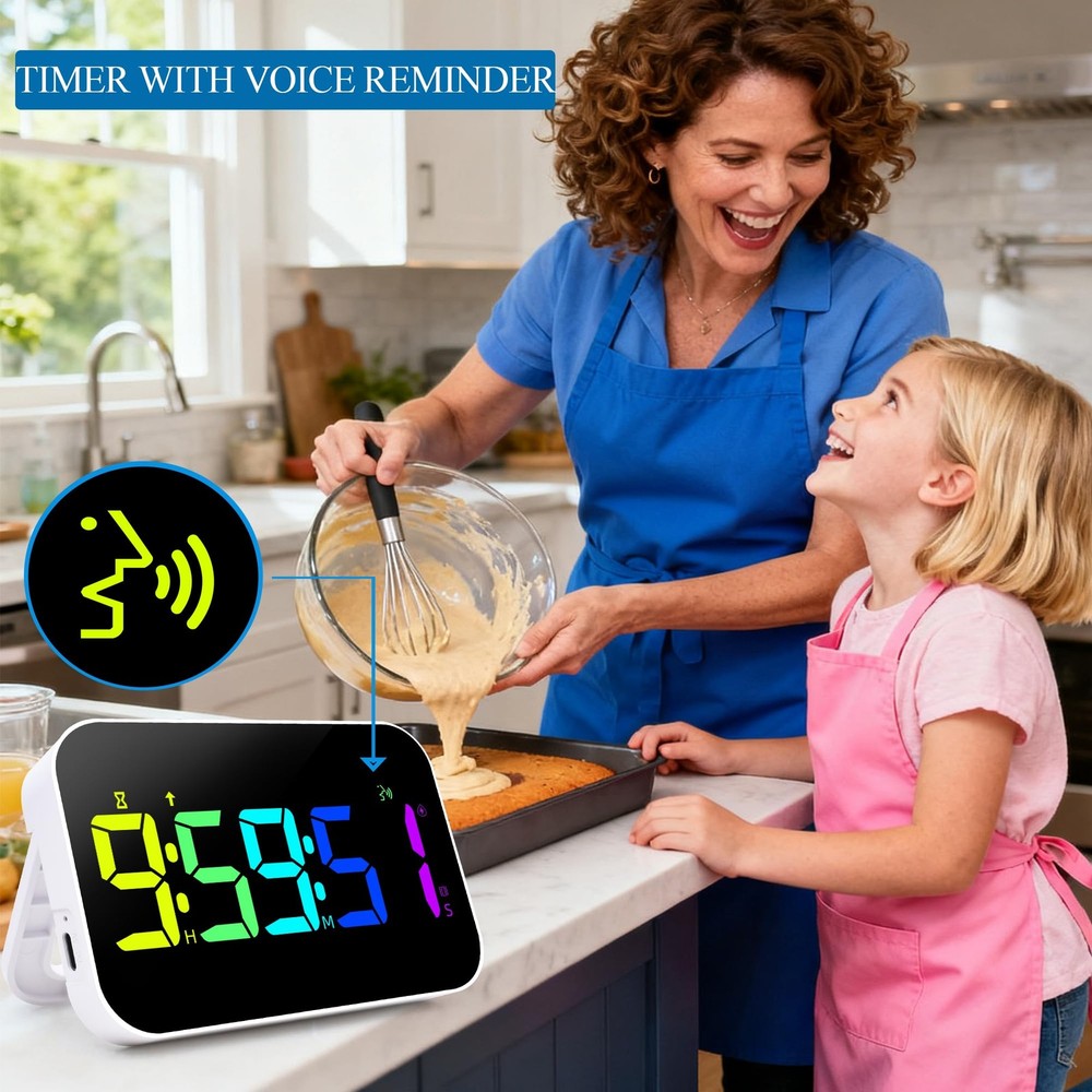 Kitchen LED Digital Timer Rechargeable, RGB Count Down Up Digital Timer with ...