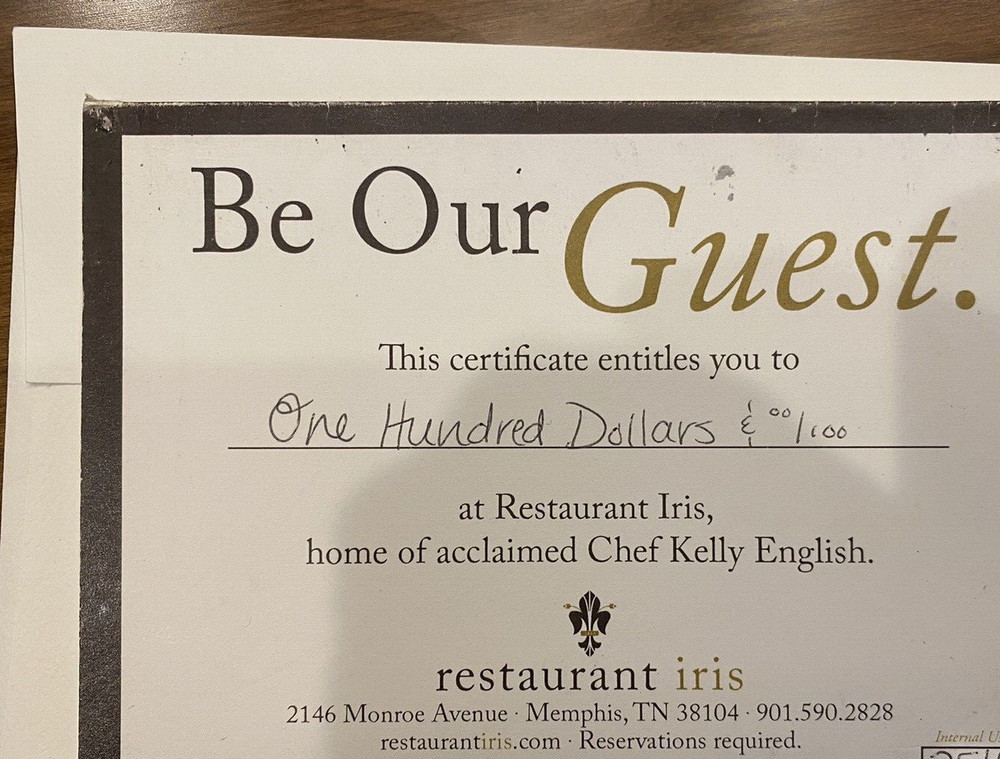 Restaurant Iris $100 Gift Card 2146 Monroe Avenue Memphis, TN - Valid