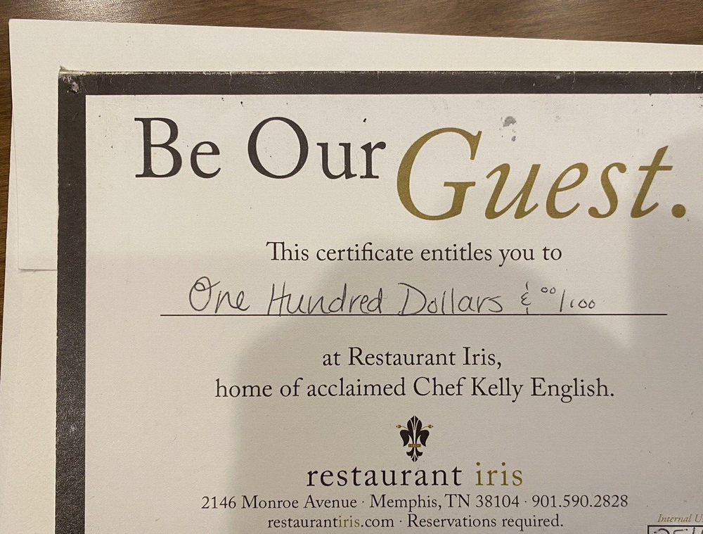 Restaurant Iris $100 Gift Card 2146 Monroe Avenue Memphis, TN - Valid