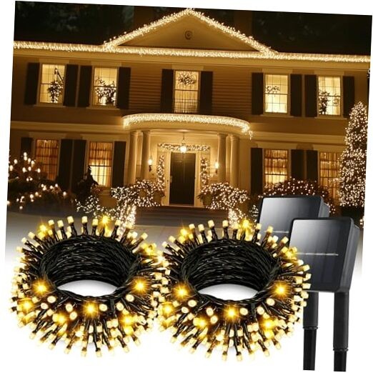 Solar String Lights for Outside, 2 Pack 200 Led Solar 145ft Warm White