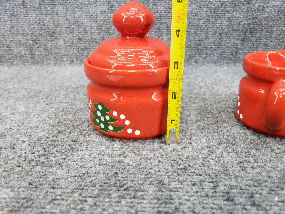 Waechterbach Red Covered Sugar and Creamer Set Christmas Tree pattern