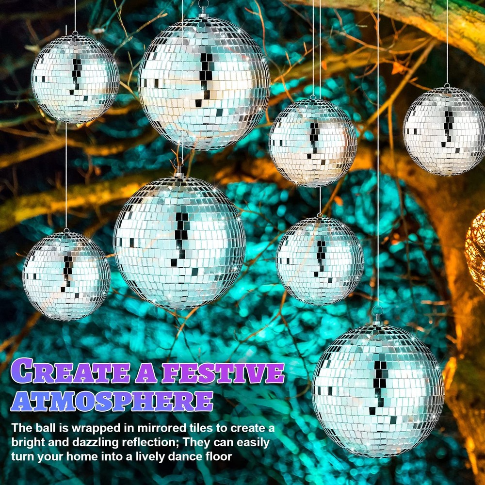 12 Pack Large Christmas Disco Ball Decoration Different Sizes Silver Mirror H...