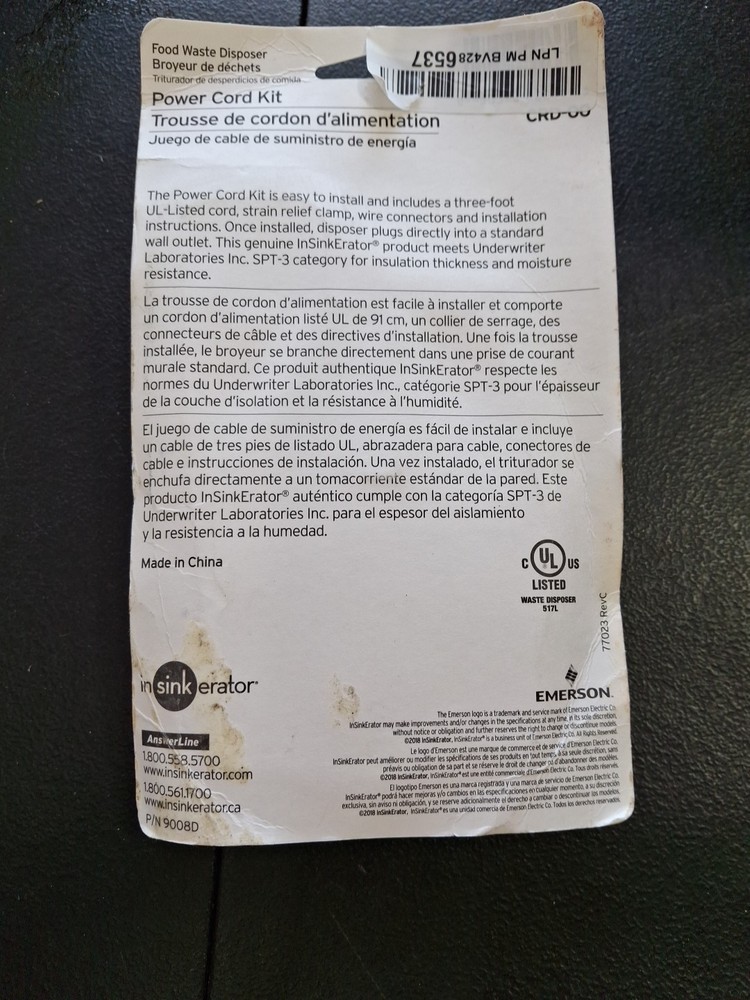 Insinkerator Power Cord Kit #CRD-00 *502