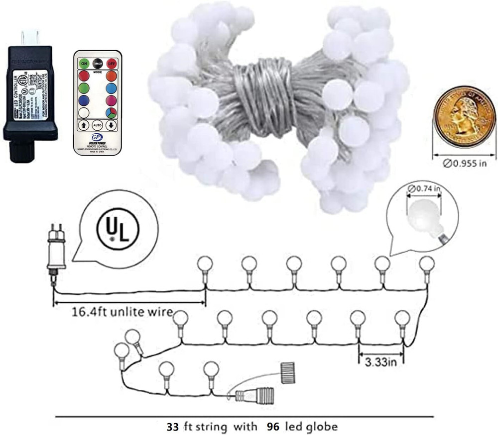 Globe String Lights 33Feet 96Leds Plug in Fairy String Lights with Remote Timer