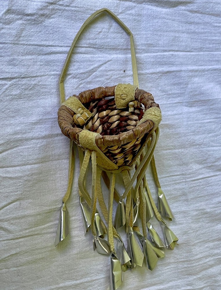Miniature Apache Burden Basket Handwoven Leather strips tin Cones 7"