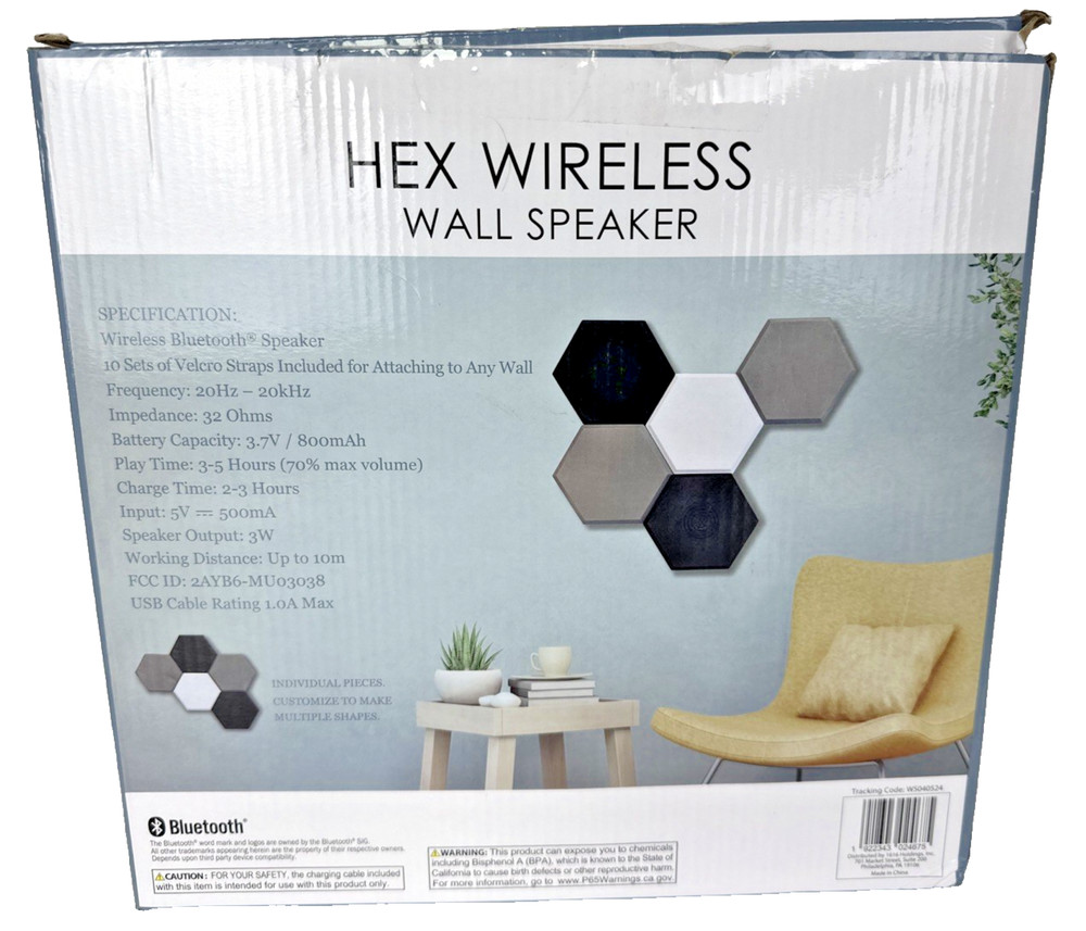 Hex Wireless Wall Speakers Bluetooth Compatible Hexagon New Open Box
