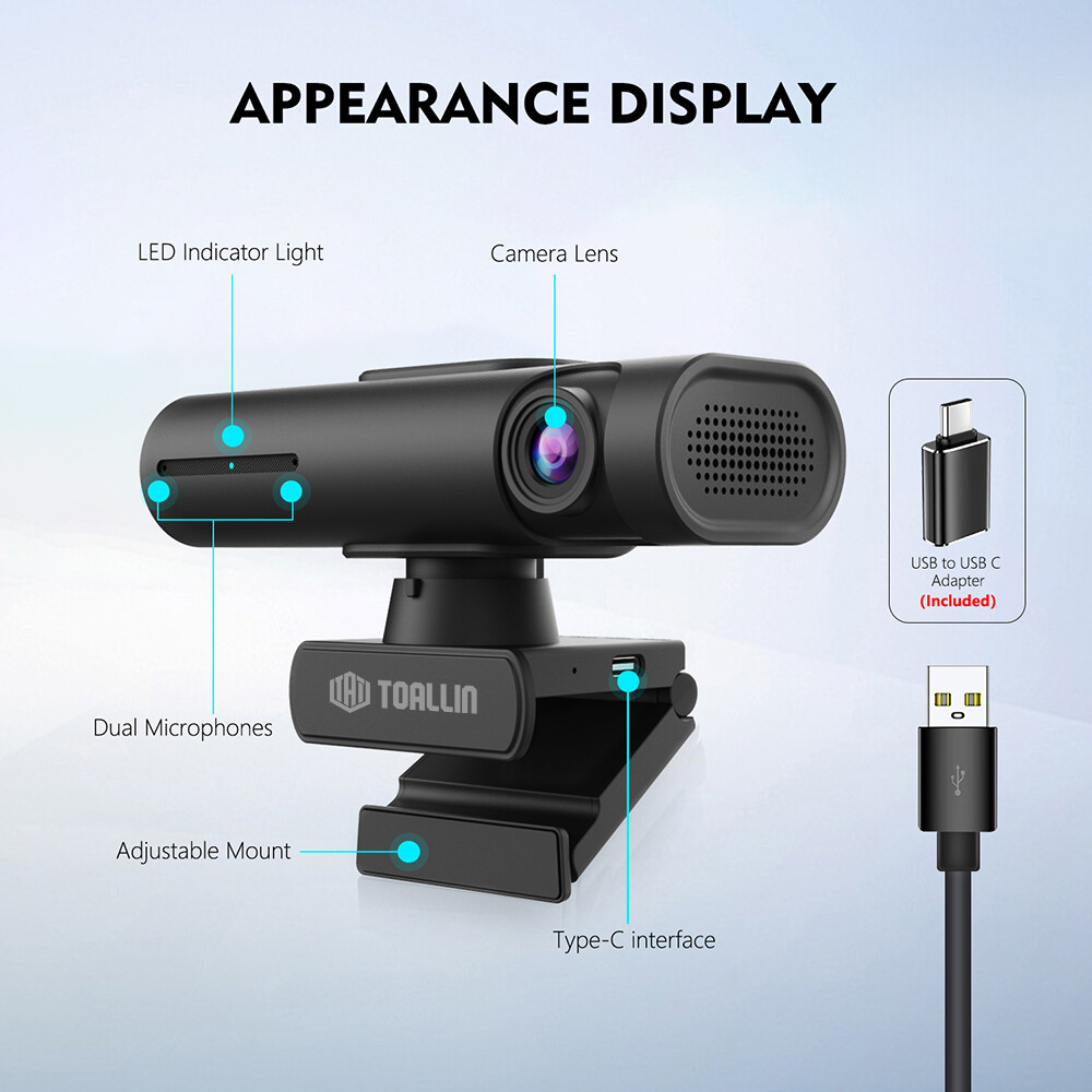 TOALLIN 2K PTZ Webcam Auto Tracking AI Gesture Control Dual Mic Streaming Webcam