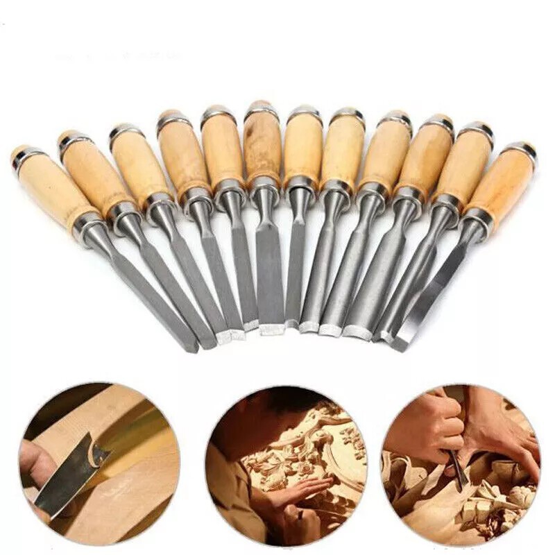 12 Pcs Wood Carving Hand Chisel Tool Set Professional Woodworking Gouges Steel
