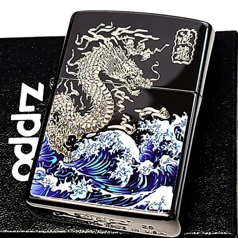 Zippo Wave Dragon Black Silver Etching One Sided Processing Lighter Regular