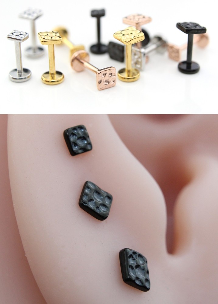 Hammered Square Stud Earring Surgical Steel Flat Back Piercing Jewelry 16G–20G