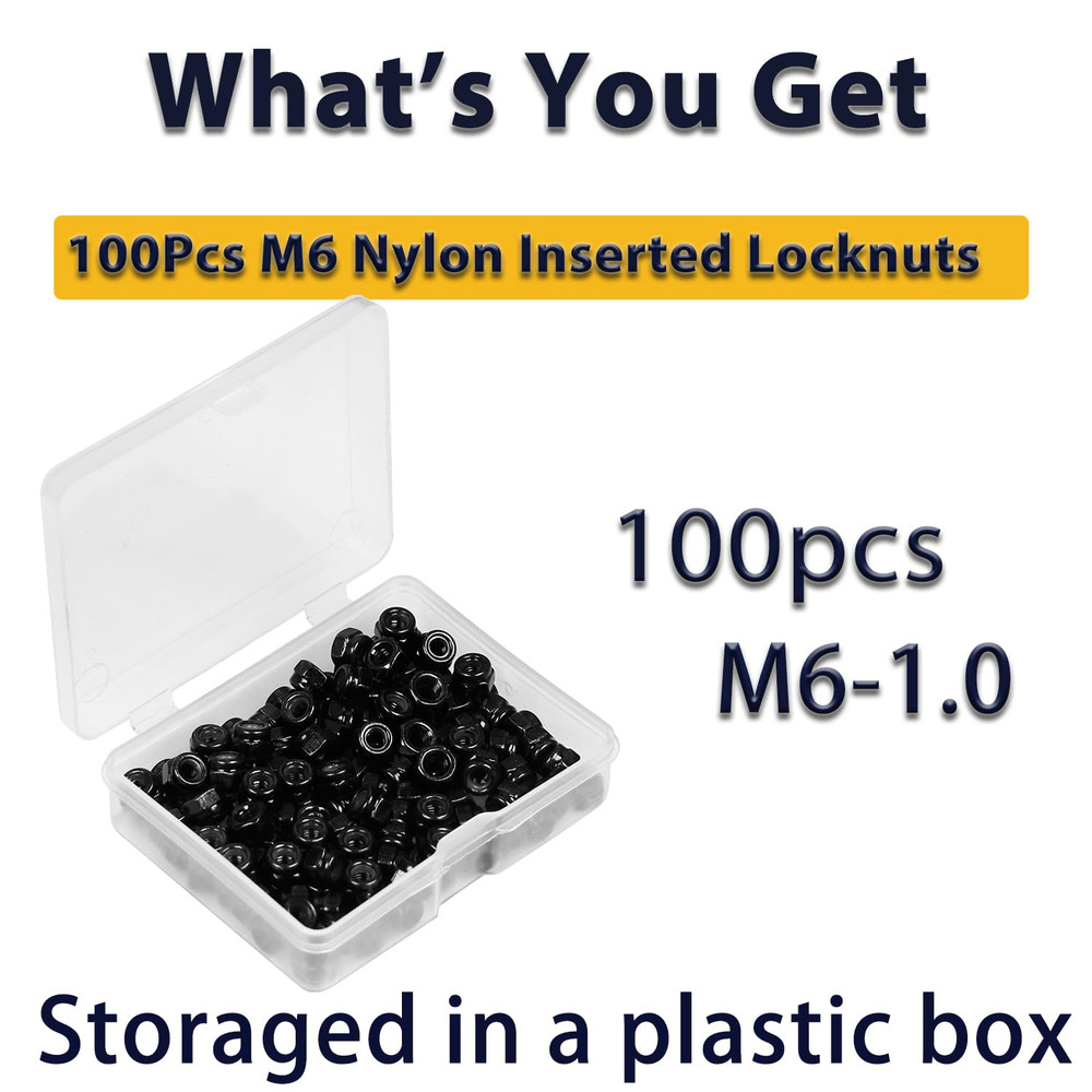 M6 Locknuts 100Pcs Metric Nylon Inserted Hex Lock Nuts Self-Lock Nylon Insert M6