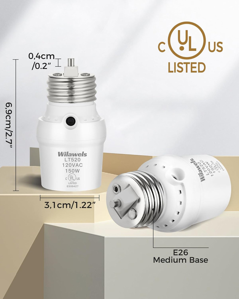 Dusk to Dawn Light Sensor Socket Adapter, E26 Base, 360° Sensor, 4 Pack, UL