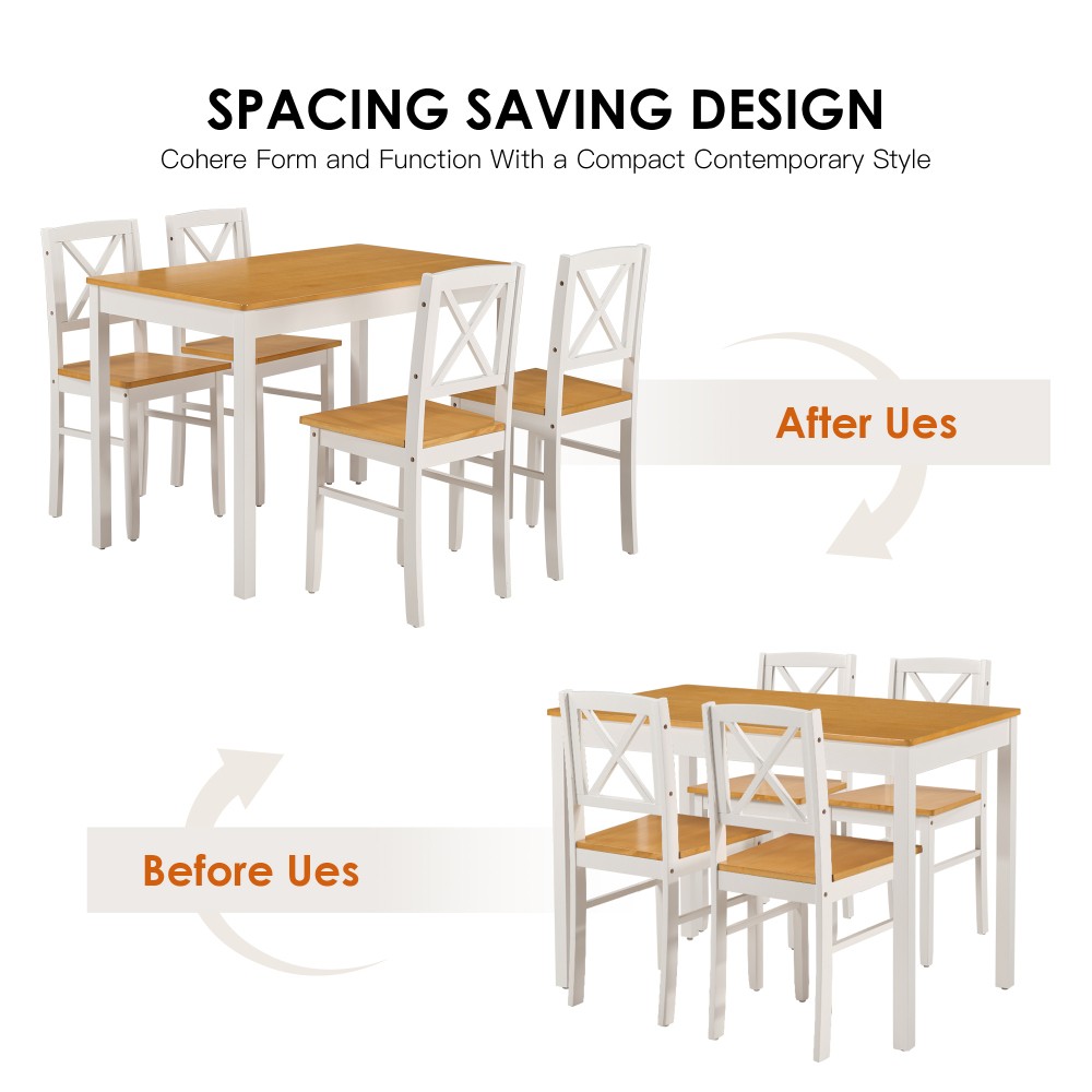 5-Piece Dining Table Set with 4 Chairs, Natural Pine, Space-Saving
