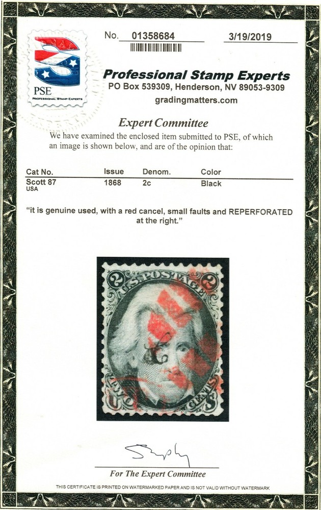 US 87 1868 2c Jackson Used Reperf with PSE Cert. KP-149