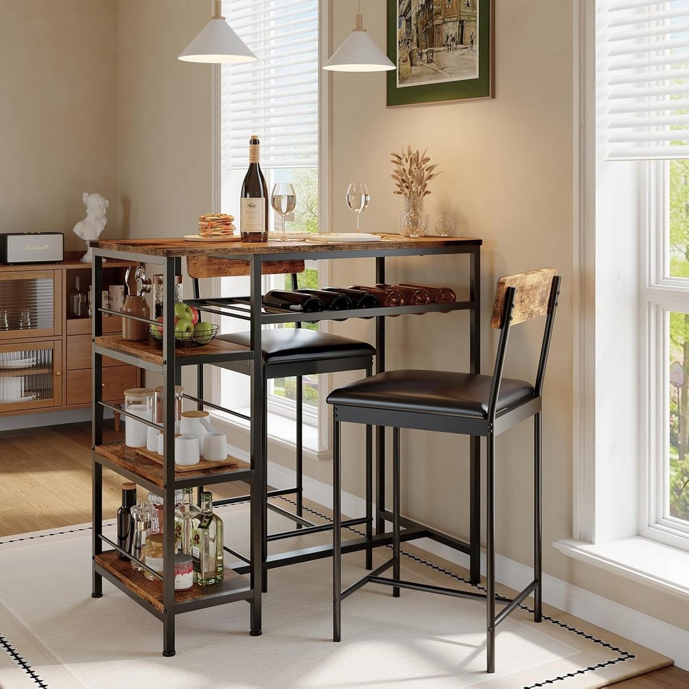 3PCS Dining Table Set w/ 2 Upholstered Bar Stool Wine Rack Kitchen Dining Room