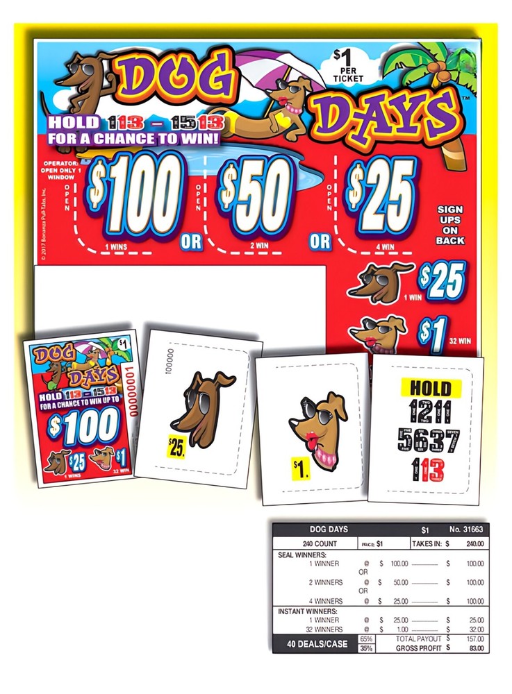 Pull Tab Ticket - Hard Card - Game - 5 Pack Dog Days - 240 ct ea